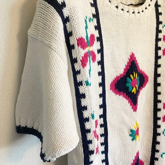 Vintage Lauren Grey Knit Floral Colorful Short Sleeve Sweater NWT Oversized Sz M - Picture 3 of 7